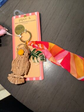 Woven Parrot Key Chain with Tropical Scarf and Gold Leaf Accent